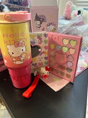 Hello Kitty Pink & Yellow Tumbler with Hello Kitty Eyeshadow Palette & keychain